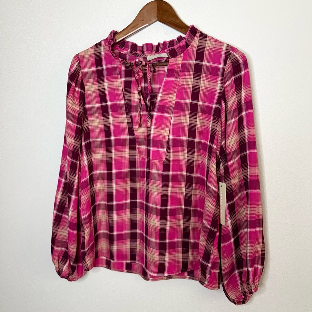 SUNNY LEIGH Pink Berry Plaid Ruffle Neck Blouse Long Sleeve NWT Size Small